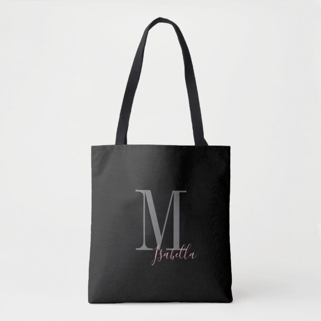 Personalised simple black pink name and monogram tote bag (Front)