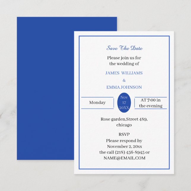 Personalised Simple Blue Save The Date (Front/Back)