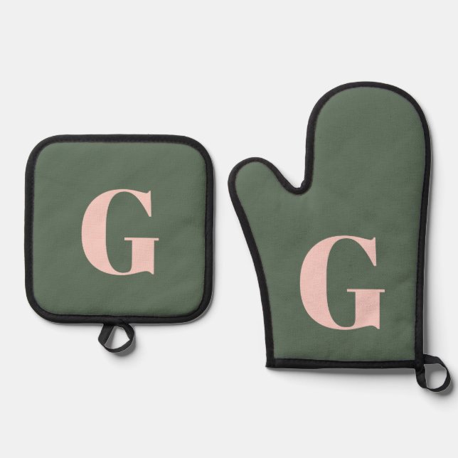 Personalised Simple Bold Monogram Pink and Green Oven Mitt & Pot Holder Set (Front)