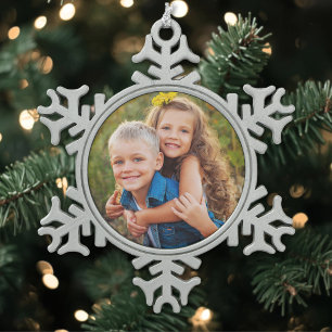 Personalised Simple Kids Photo Snowflake Pewter Christmas Ornament