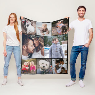 Personalised Simple Modern 8 Photo Collage Black Fleece Blanket