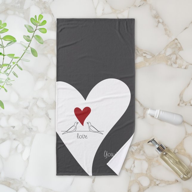 Personalised Simple Modern Birds in Love Red Heart Bath Towel Set (Creator Uploaded)