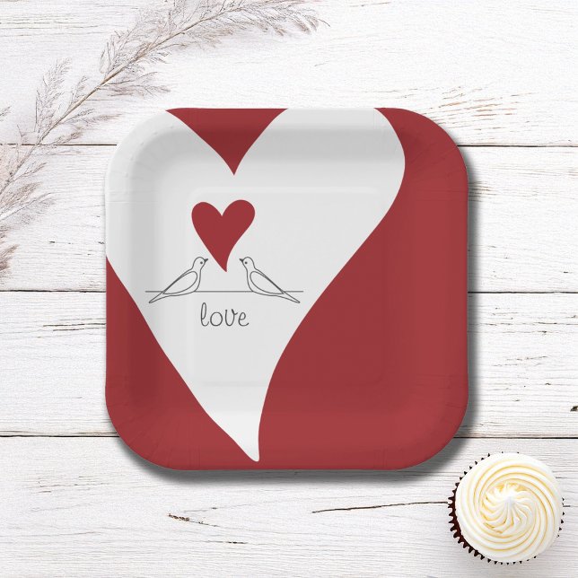 Personalised Simple Modern Birds in Love Red Heart Paper Plate (Creator Uploaded)