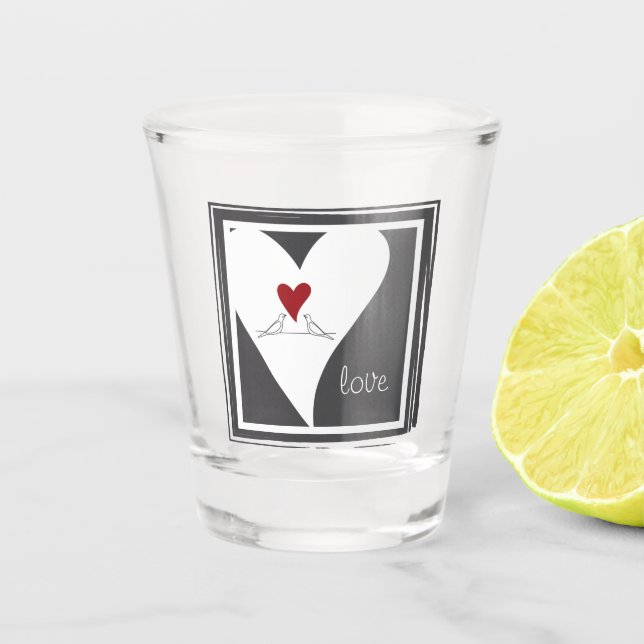 Personalised Simple Modern Birds in Love Red Heart Shot Glass (Front)