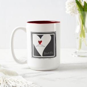 Personalised Simple Modern Birds in Love Red Heart Two-Tone Coffee Mug