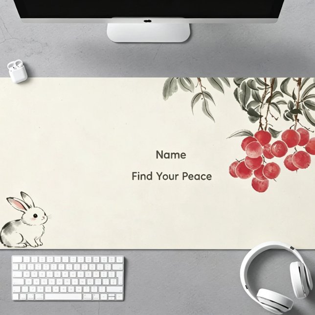 Personalised Simple Modern Bunny Lychee Desk Mat (Personalized Simple Modern Ink‑Wash Bunny Lychee Large Desk Mat)