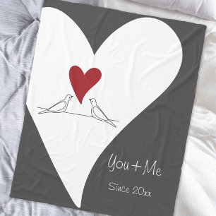 Personalised Simple Modern Love Birds Red Heart Fleece Blanket