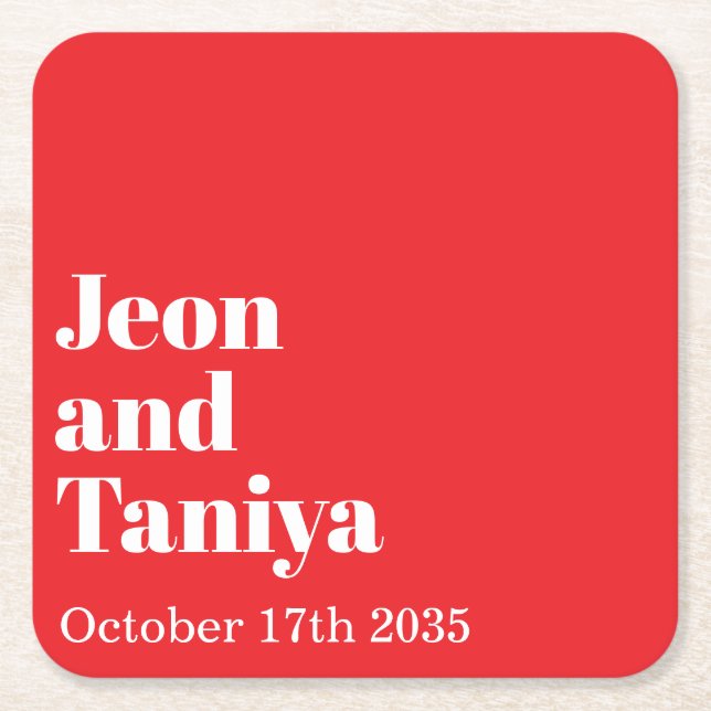 Personalised Simple Modern Minimal Wedding Name Square Paper Coaster (Front)