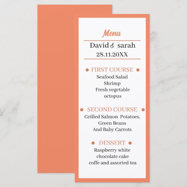 Personalised Simple Orange Wedding Dinner Menu (Front/Back)