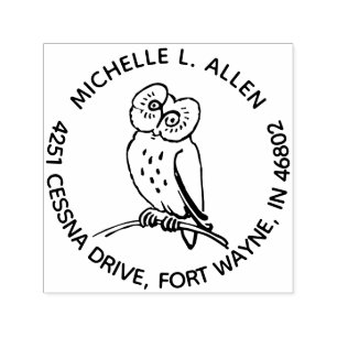 Personalised Simple Owl Round Return Address Self-inking Stamp