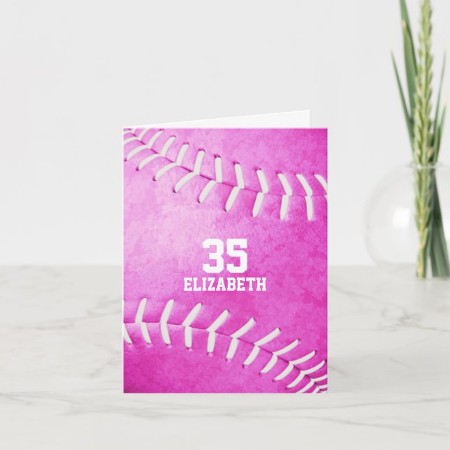 personalised simple pink softball sports greeting card (Front)