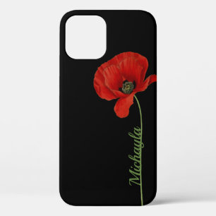 Personalised Simple Red Poppy on Black  iPhone 12 Case