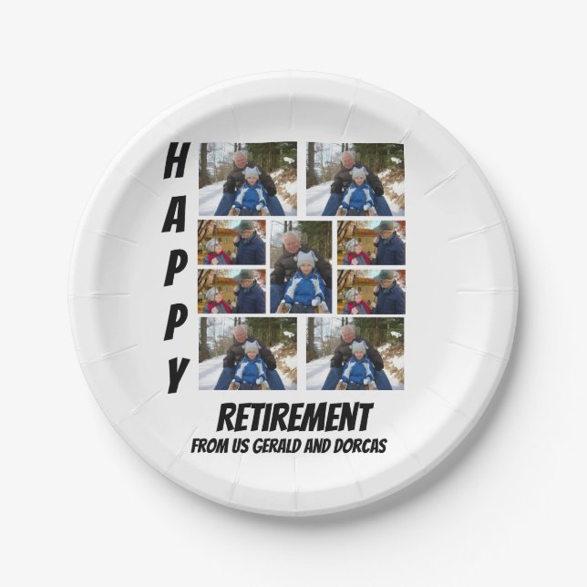 Personalised Simple Retirement  9 Photo Collage  Paper Plate (Front)