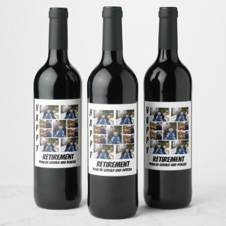 Personalised Simple Retirement 9 Photo Collage Wi Wine Label