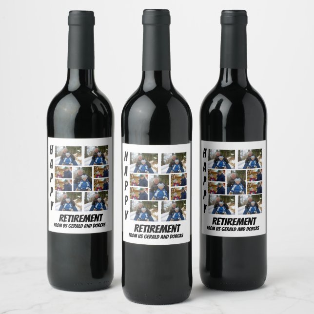 Personalised Simple Retirement  9 Photo Collage Wi Wine Label (Bottles)
