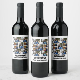 Personalised Simple Retirement  9 Photo Collage Wine Label