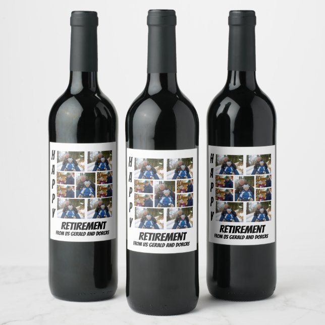 Personalised Simple Retirement  9 Photo Collage Wine Label (Bottles)