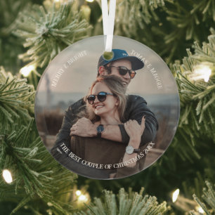 Personalised Simple stylish Cute couple photo Xmas Glass Tree Decoration