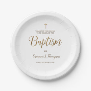 Personalised Simple white Gold Cross Baby Baptism  Paper Plate