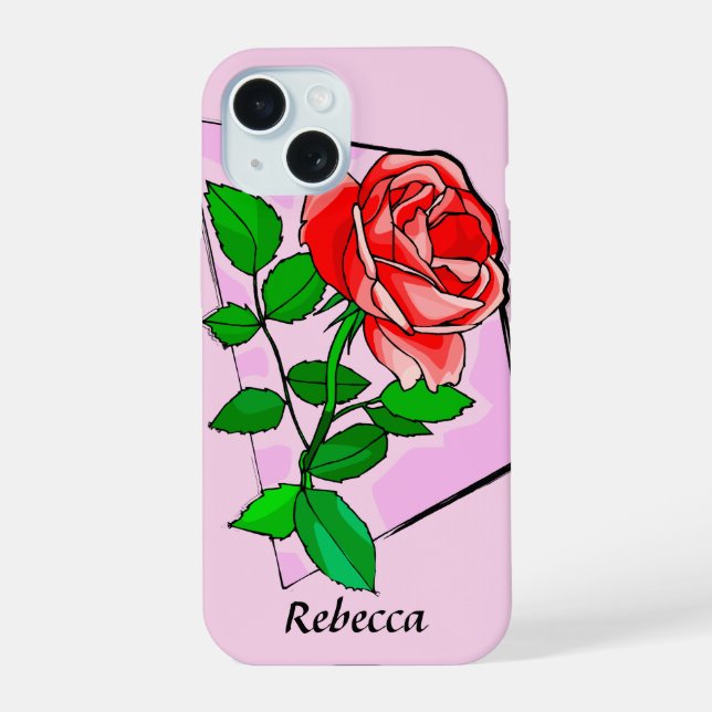 Personalised Single red rose art iPhone 15 Case (Back)