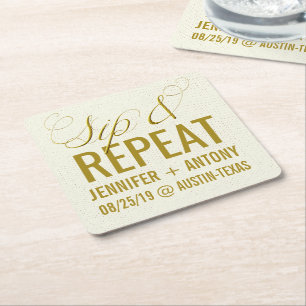 Personalised "Sip & Repeat" Custom Wedding Favour Square Paper Coaster