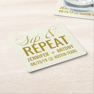 Personalised "Sip & Repeat" Custom Wedding Favour Square Paper Coaster