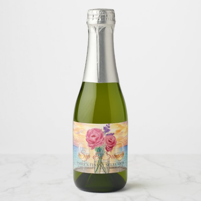 Personalised Sip & Sunset Mini Sparkling Wine Label (Front)