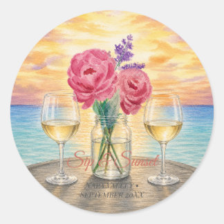 Personalised Sip & Sunset Watercolor Round Favour Classic Round Sticker