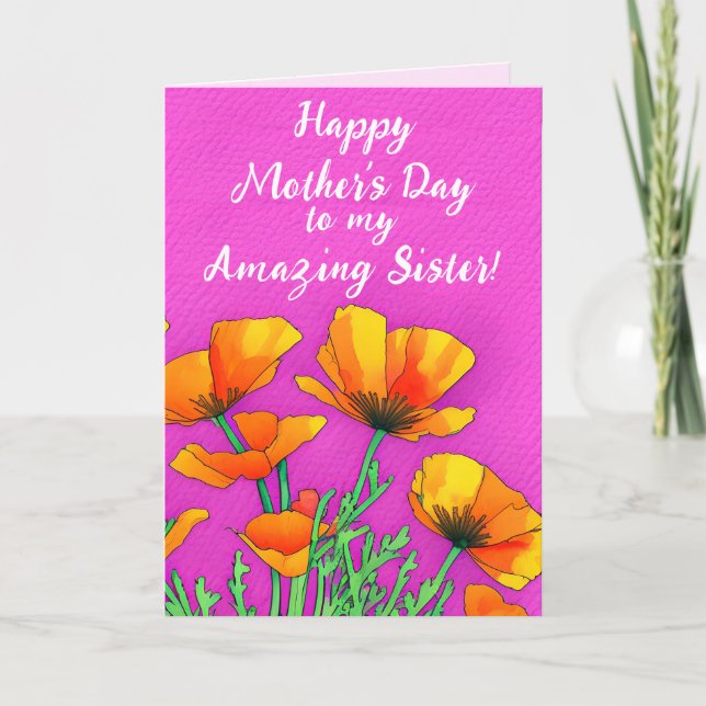 Personalised Sister Poppy Bright Pink Mother Day  Holiday Card (Front)