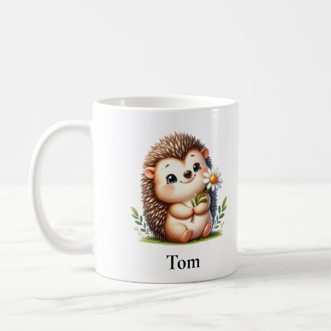 Personalised Sitting Hedgehog with Flowers Coffee Mug (Left)