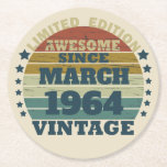 Personalised sixty vintage 60th birthday gifts  round paper coaster<br><div class="desc">Add some originality with this limited edition,  premium-quality,  and unique vintage-looking birthday graphic design featuring cool typography. It's a great gift idea for men,  women,  husbands,  wives,  girlfriends,  and boyfriends who will appreciate this one-of-a-kind piece of art. A fun and memorable holiday gift for your birthday celebration.</div>