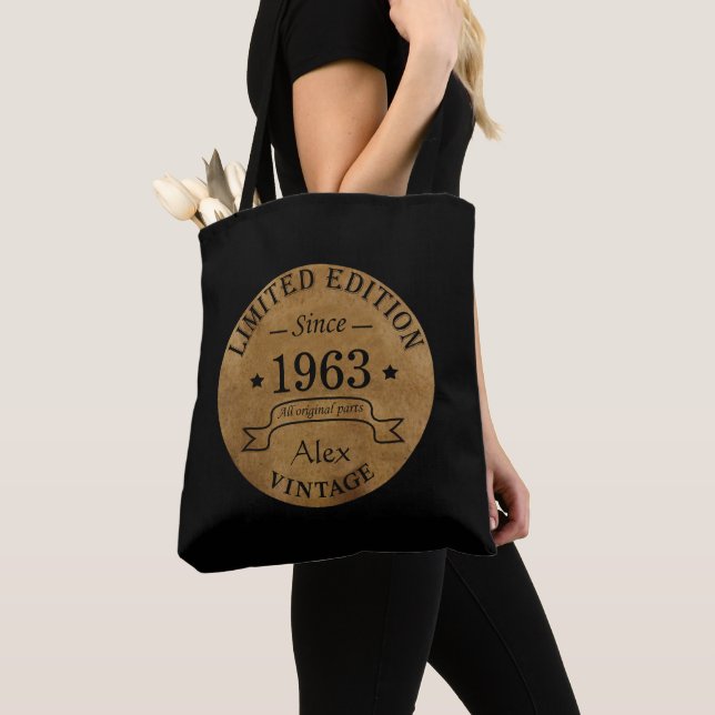 Personalised sixty vintage 60th birthday gifts tote bag (Close Up)