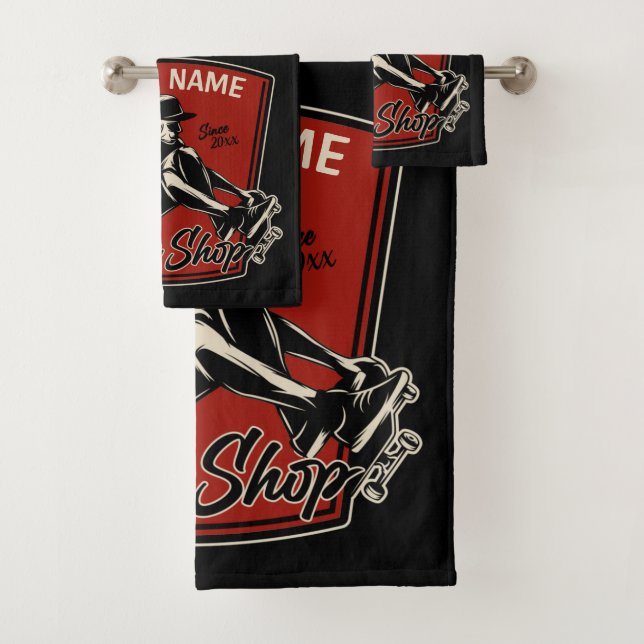 Personalised Skate Shop Grab Trick Skateboarding  Bath Towel Set (Insitu)