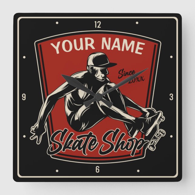 Personalised Skate Shop Grab Trick Skateboarding Square Wall Clock (Front)