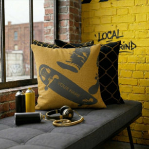 Personalised Skateboard Jump – Black And Gold Cushion