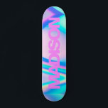 Personalised Skateboard Name Pink Girly Modern<br><div class="desc">Easily personalise this colourful Skateboard on Pink Girly Modern Holographic Rainbow Pastel Wave abstract design featuring black and cool sans serif font on Unicorn aesthetic with a modern and cute touch of fairy. Add your name,  choose font,  change size and position,  add clipart,  photos and shapes.</div>