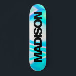 Personalised Skateboard Name Turquoise Blue Wave<br><div class="desc">Easily personalise this colourful Skateboard on Fresh Turquoise Blue Holographic Rainbow Pastel Wave abstract design featuring stylish and modern aesthetic. Add your name,  choose font,  change size and position,  add clipart,  photos and shapes.</div>