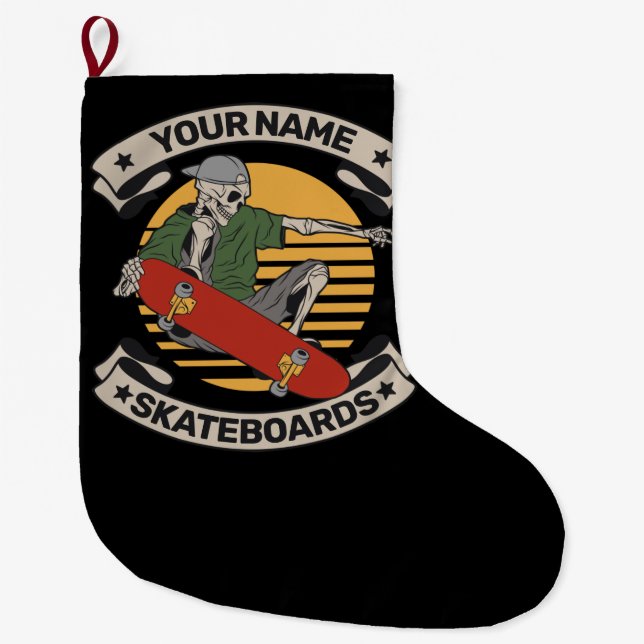 Personalised Skateboard Nose Grab Skeleton Skater  Large Christmas Stocking (Front)