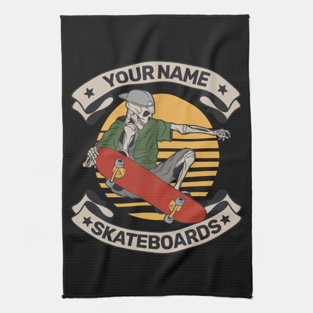 Personalised Skateboard Nose Grab Skeleton Skater  Tea Towel (Vertical)