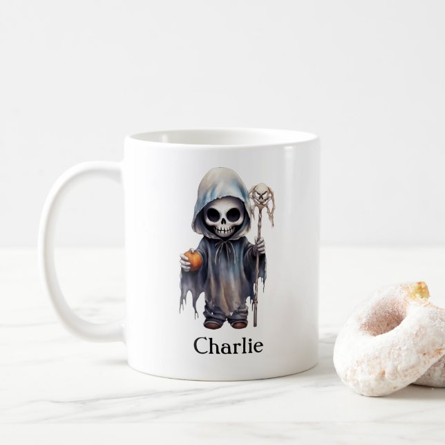 Personalised Skeleton Halloween Reaper Coffee Mug (With Donut)