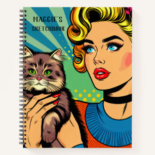 Personalised Sketchbook   Retro Lady and Cat Notebook