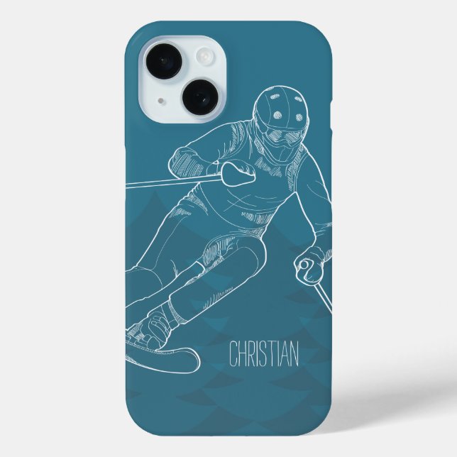Personalised Skier Sketched Drawing on Blue Case-Mate iPhone Case (Back)