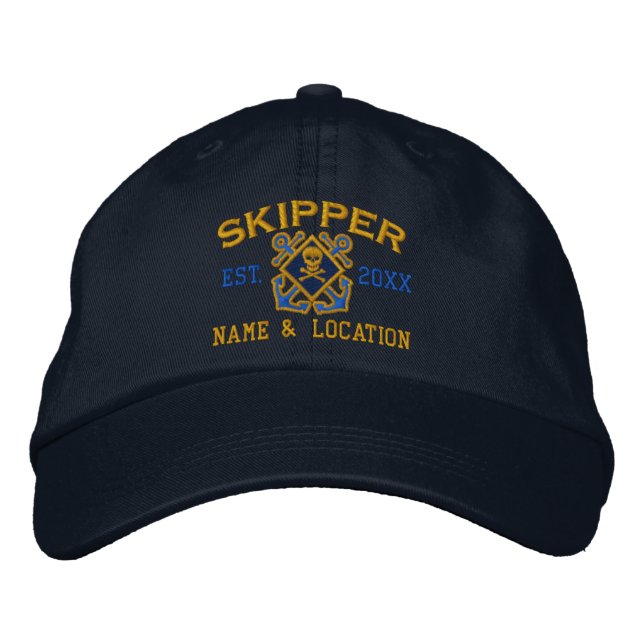 Personalised Skipper Nautical Crossbones Skull Embroidered Hat (Front)