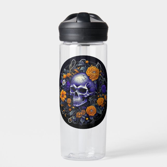 Personalised Skull and Orange Flowers AI art Water Bottle (Front)