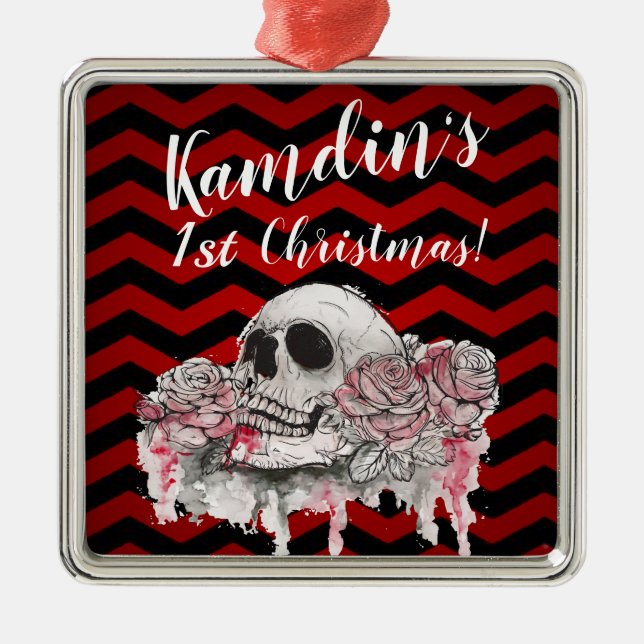 Personalised skull Rose Gothic Chevron red black Metal Tree Decoration (Front)