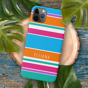Personalised Sky Blue Hot Pink Orange Stripe iPhone 11 Pro Max Case