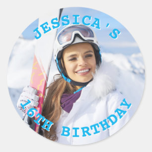 Personalised Sky Blue Text Family Photo Birthday Classic Round Sticker