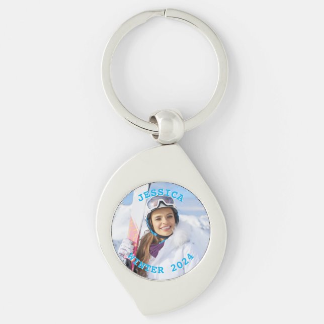 Personalised Sky Blue Text Family Photo Key Ring (Front)