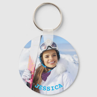 Personalised Sky Blue Text Family Photo Key Ring