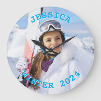 Personalised Sky Blue Text Family Photo Large Clock